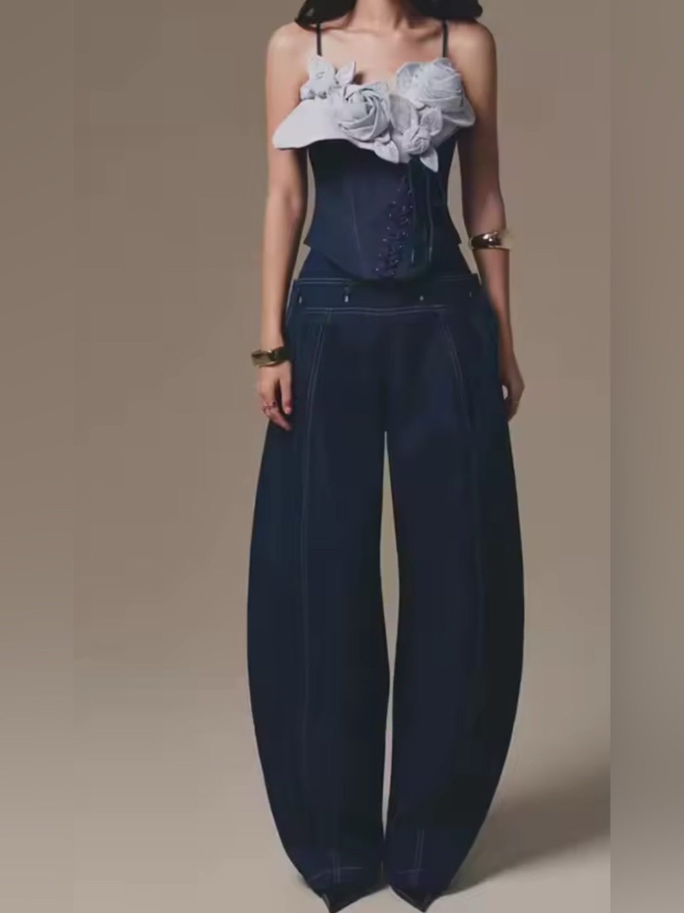 $685 HIGH END editorial set Women's Wide-Leg Navy Denim Trousers Set